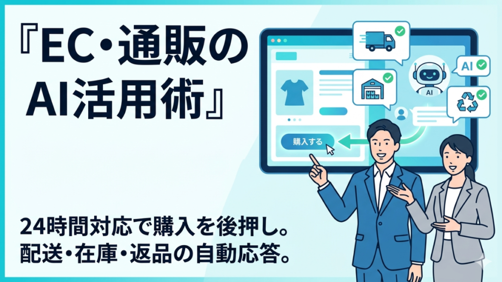 EC・通販の問い合わせ対応をAIで支えるイメージのキービジュアル。配送・返品・在庫などの質問に自動で答え、購入を後押しする様子を抽象的に表す。