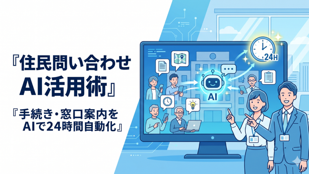 自治体・行政の住民問い合わせをAIで支えるイメージのキービジュアル。各種手続きや窓口の案内などの質問に自動で答える様子を抽象的に表す。