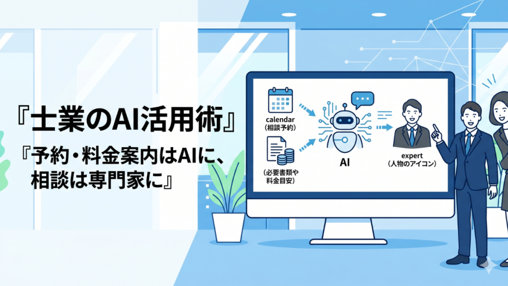 士業の事務所の問い合わせ対応をAIで支えるイメージのキービジュアル。相談予約や料金案内などの定型的な質問に自動で答える様子を抽象的に表す。
